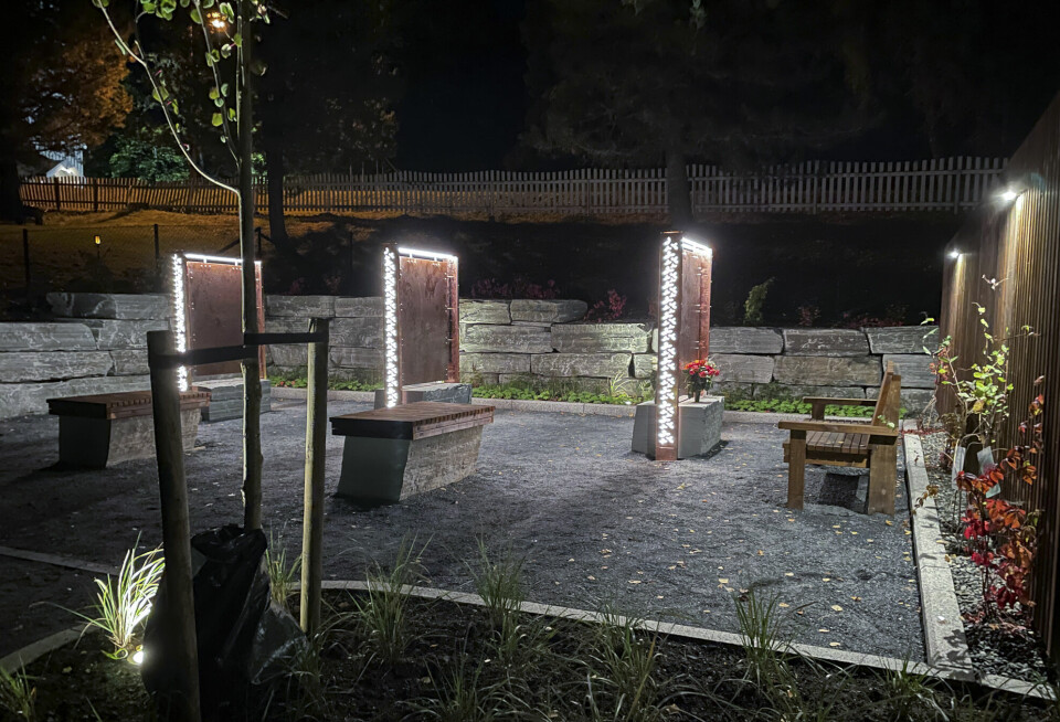 Minnesmerkene på Egge gravplass sin nye navna minnelund, lyser opp i nattemørket med et utskjæringer i kobberet som symboliserer rødkløver.